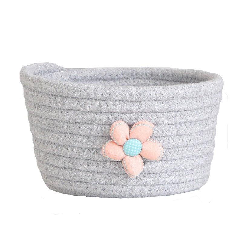 Hand Woven Cotton Rope Storage Basket With Flower Decor Desktop Sundries Kids Toys Organizer Box Dirty Clothes Laundry Baskets - Provence Home Living Store