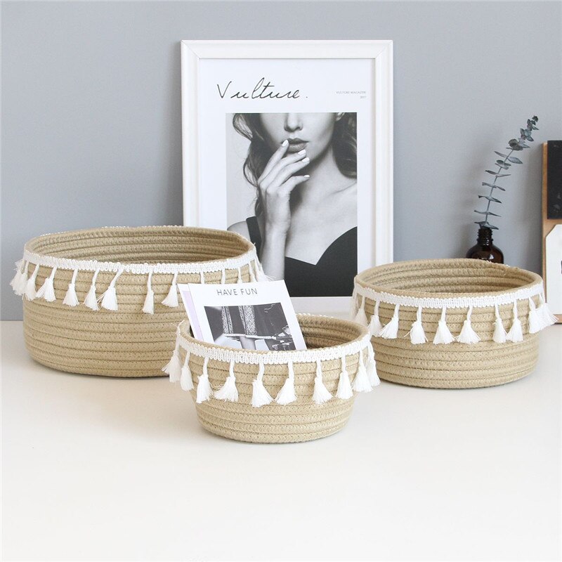 Nordic Cotton Rope Storage Baskets With Tassel Handmade Woven Dirty Clothes Laundry Basket Desktop Sundries Organizer Hamper - Provence Home Living Store