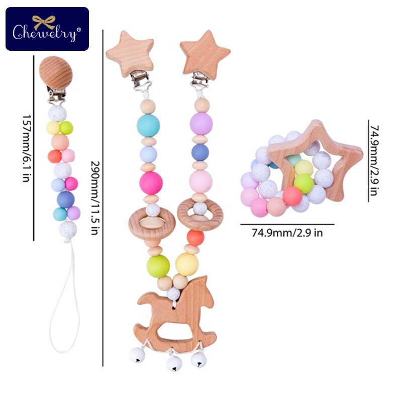 Wooden Teether Baby Play Gym Pacifier Clip Chain Silicone Beads Personalize Dummy Clip Baby Teether Stroller Toys Pram Clip Bell - Provence Home Living Store