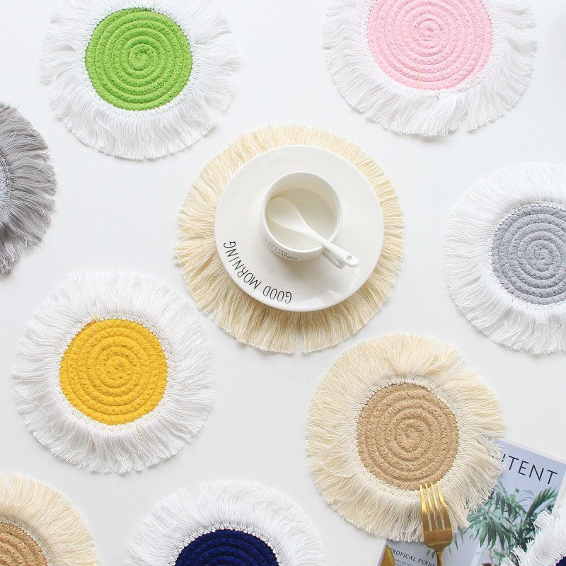 INS Cotton Rope Round Placemats Hand Woven Tassels Table Mat Bowl Pot Insulation Pads Tableware Drink Coaster Home Kitchen Decor - Provence Home Living Store