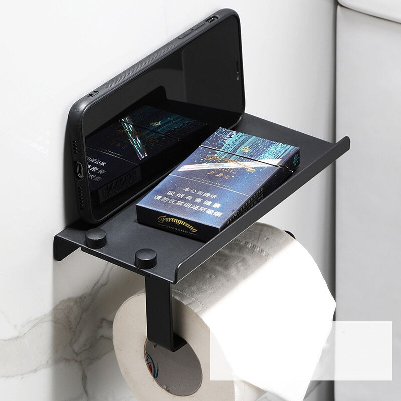 Aluminum Alloy Paper Towel Rack Public Toilet Mobile Phone Holder Bathroom Roll Holder Black Tissue Rack Wall Mounted - Provence Home Living Store