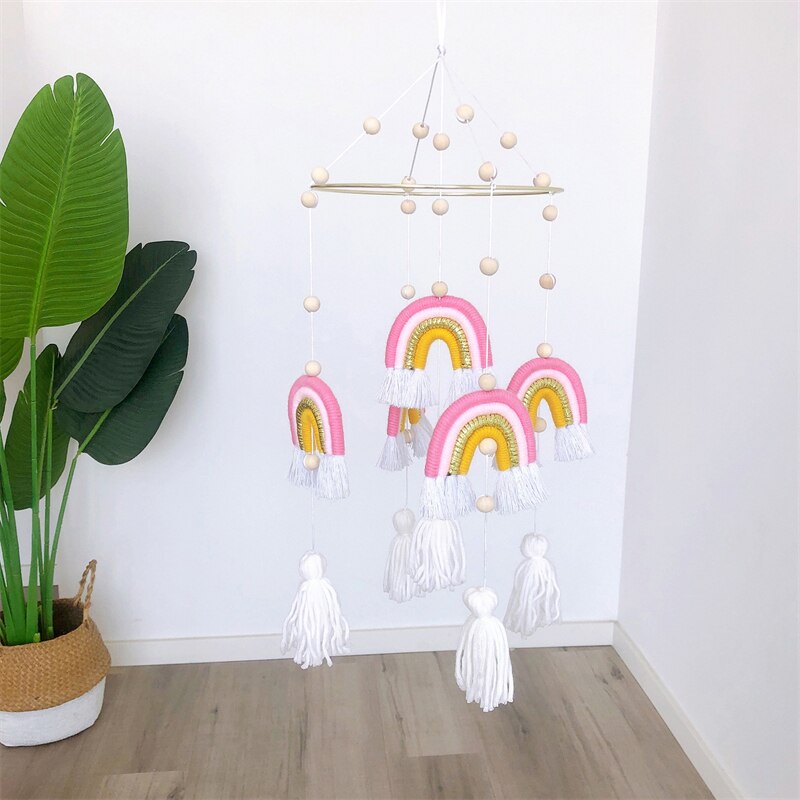 Cute Room Decoration Nordic Style Rainbow Wall Hanging Hand-Woven Rainbow Clouds Tassel Kids Rattle Mobile Crib Toy Home Decor - Provence Home Living Store