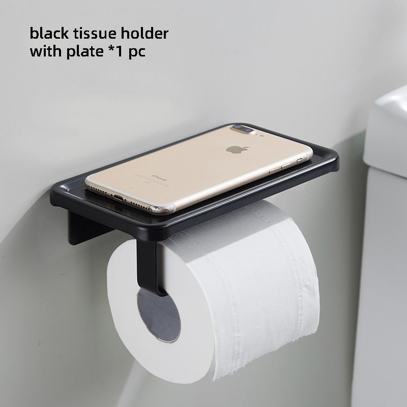 Black Wall Mounted Toilet Paper Holder Aluminium Tissue Paper Rack Roll Holder With Phone Storage Shelf Bathroom Accessories - Provence Home Living Store