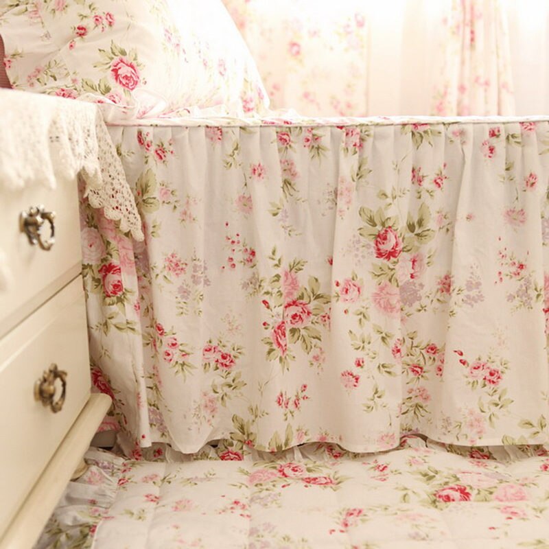 Pastoral rose print bedding set ruffle duvet cover princess quilt cover wrinkle bedspread bed sheet skirt bedroom bedding gift - Provence Home Living Store