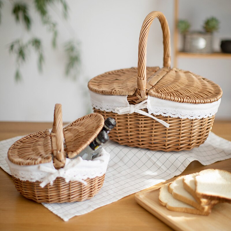 Wicker Handmade Woven Rattan Basket With Handle And Double Lids Camping Picnic Food Storage Container For Camping - Provence Home Living Store