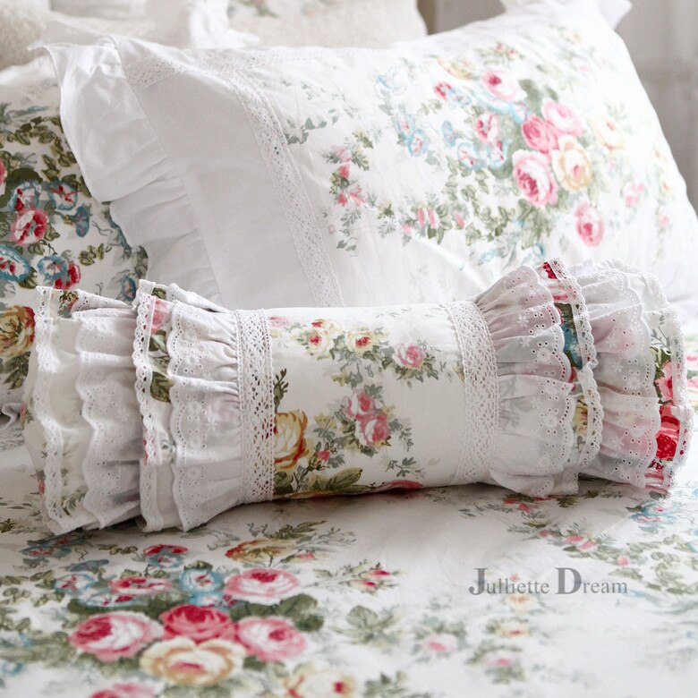 White embroidered cushion decorative bedding pillow European candy cushion princess ruffle lace lumbar pillow sofa hand rests - Provence Home Living Store