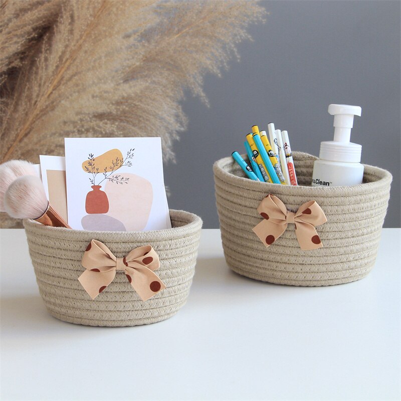 Bowknot Cotton Rope Storage Basket Weaving Nordic Sundries Baby Toys Dirty Clothes Finishing Baskets Desktop Small Organizer Box - Provence Home Living Store