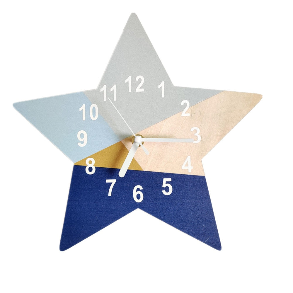 INS Nordic Wooden Geometric Wall Clock Blue Series Five Pointed Shaped Digital Wood Mute Silent Clocks Living Room Hanging Watch - Provence Home Living Store