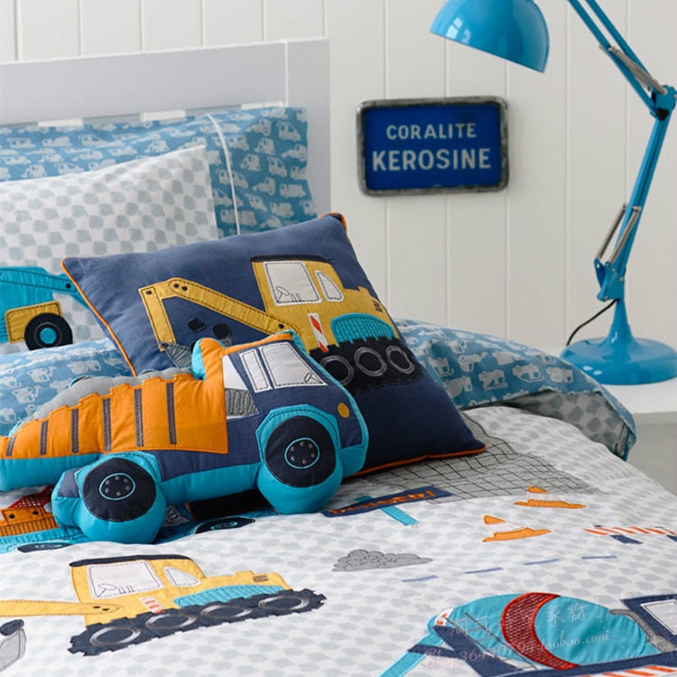 New Embroidered children&#39;s bedding excavators truck quilt cover print bed sheet boy bedroom cartoon textile pillowcase - Provence Home Living Store