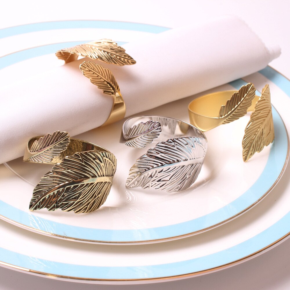 6PCS Leaf Napkin Buckles,Gold Silver Feather Napkin Rings,Wedding Event Decor Crafts Holder Handmade Home Party Supplies - Provence Home Living Store