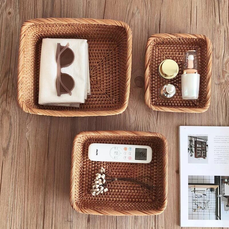 Hand-woven Basket Square Rattan Storage Basket Wicker Tray Picnic Basket Food Bread Dishes Sundries Box Kitchen Supplies - Provence Home Living Store