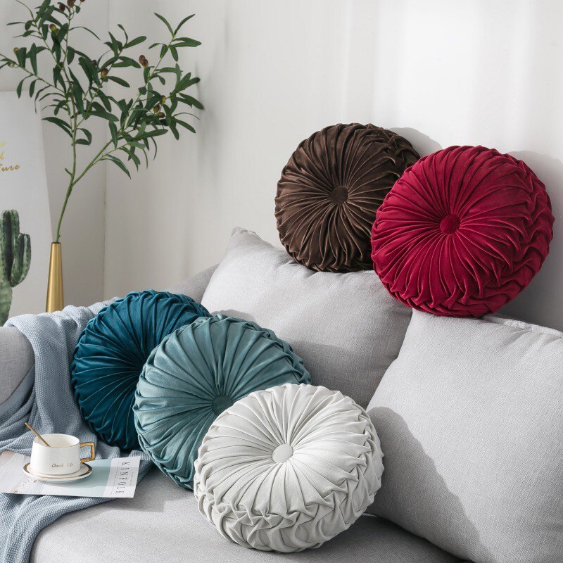 Europe Style Velvet Pleated Round Floor Seat Cushion Pumpkin Pillow Pouf Soft Throw Home Sofa Decor Back Cushion with Core - Provence Home Living Store