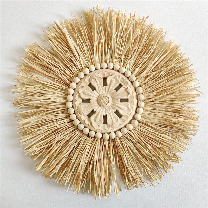 INS Nordic Round Woven Raffith Straw Hanging Pendant Wall Ornaments Moroccan Wooden Beads Carved Handicrafts Homestay Home Decor - Provence Home Living Store