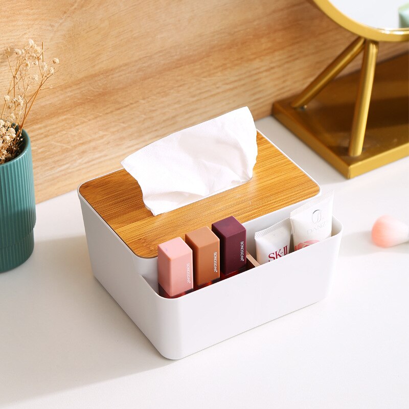 Tissue Storage Box Multi Function TV Remote Control Dining Table Desktop Tissue Box with Bamboo Lid Household Napkin Holder - Provence Home Living Store