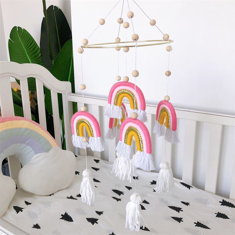 Cute Room Decoration Nordic Style Rainbow Wall Hanging Hand-Woven Rainbow Clouds Tassel Kids Rattle Mobile Crib Toy Home Decor - Provence Home Living Store