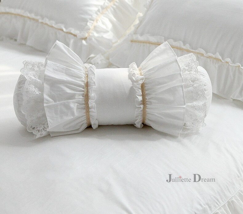 White embroidered cushion decorative bedding pillow European candy cushion princess ruffle lace lumbar pillow sofa hand rests - Provence Home Living Store