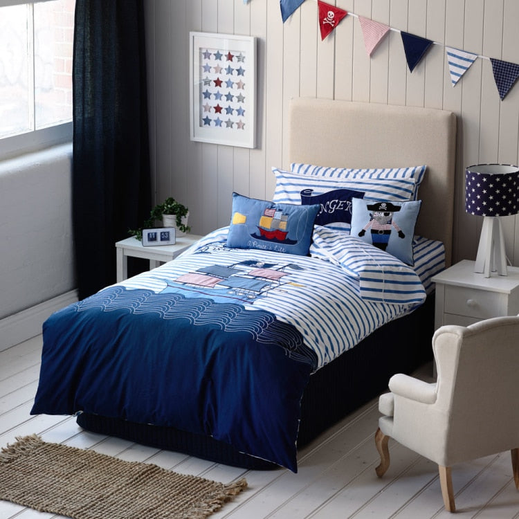 New pirate ship design bedding pirate embroidered quilt cover children bedroom duvet cover stripe bed sheet boy birthday gift - Provence Home Living Store