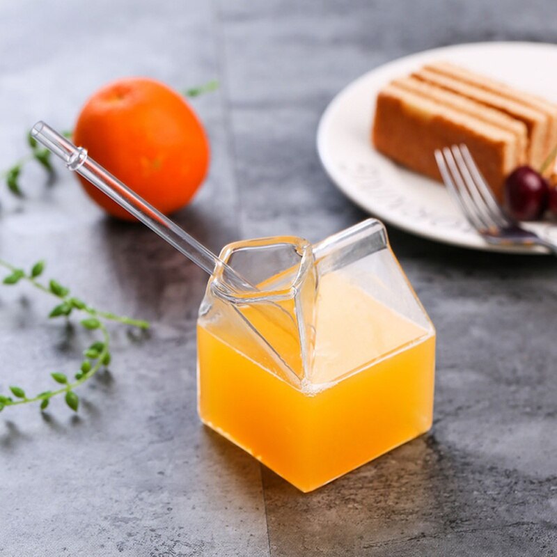 Square Glass Milk Box Cup Creative Transparent Glass Cup Nutrition Breakfast Cup Microwave Use Home Juice Coffee Milk Cup - Provence Home Living Store