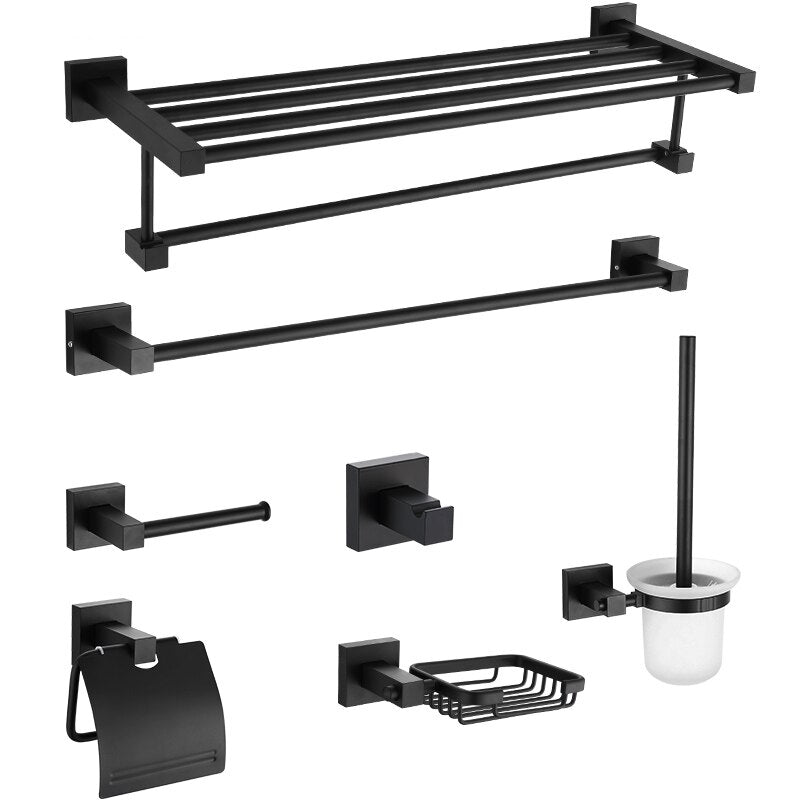 Black Towel Bars Bathroom Towel Hanger Aluminum Alloy Bathroom Accessories Towel Rack Towel Ring Toilet Brush Storage Shelf - Provence Home Living Store