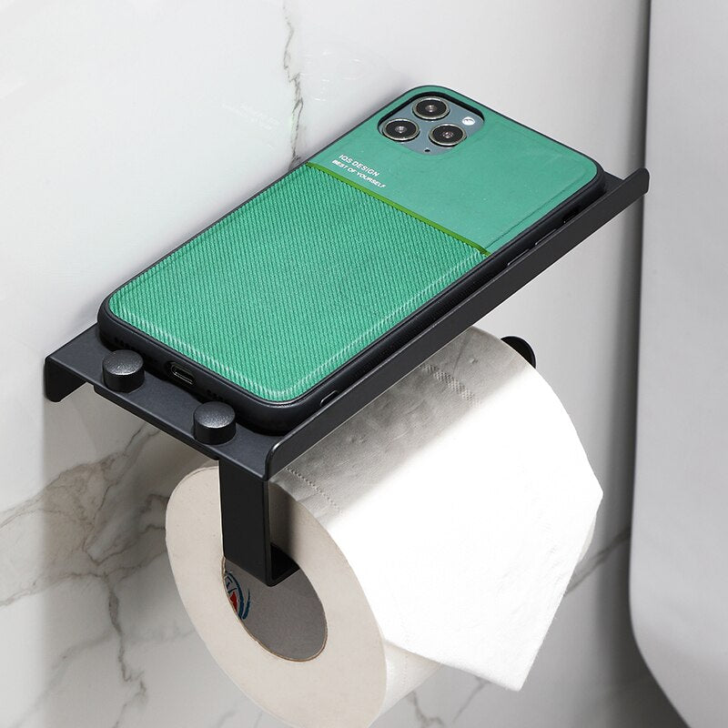 Aluminum Alloy Paper Towel Rack Public Toilet Mobile Phone Holder Bathroom Roll Holder Black Tissue Rack Wall Mounted - Provence Home Living Store