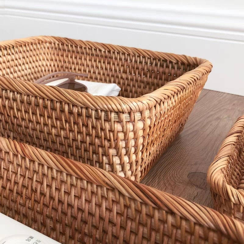 Hand-woven Basket Square Rattan Storage Basket Wicker Tray Picnic Basket Food Bread Dishes Sundries Box Kitchen Supplies - Provence Home Living Store