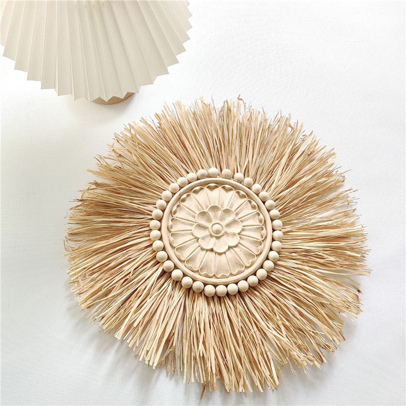 INS Nordic Round Woven Raffith Straw Hanging Pendant Wall Ornaments Moroccan Wooden Beads Carved Handicrafts Homestay Home Decor - Provence Home Living Store