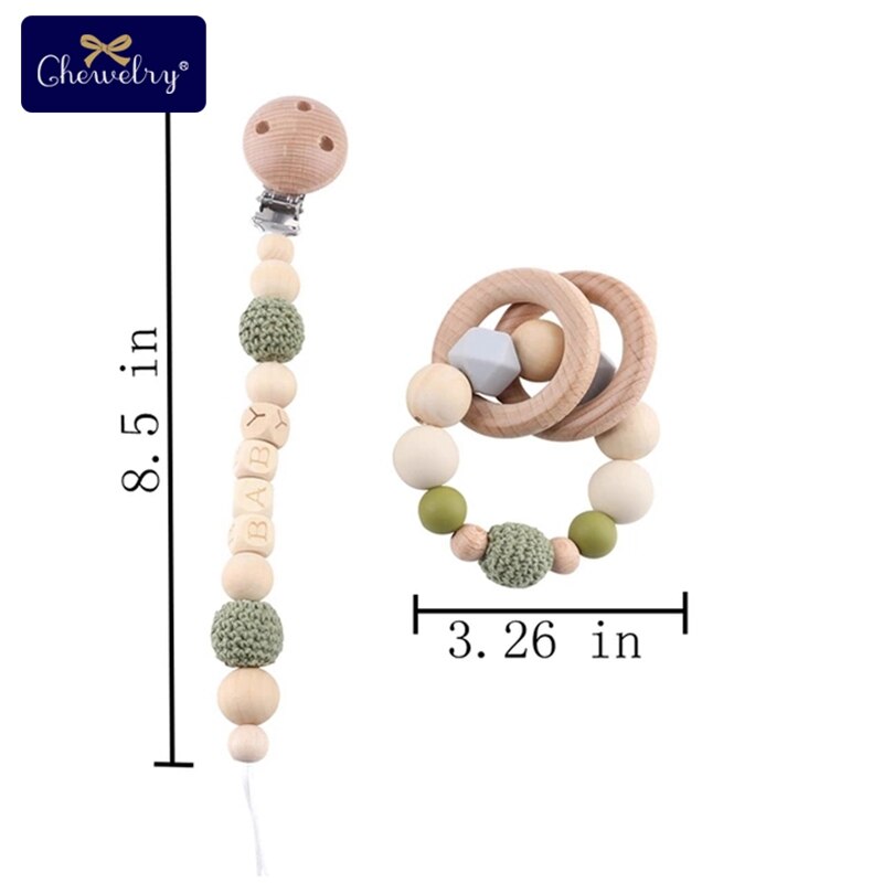 Wooden Teether Baby Play Gym Pacifier Clip Chain Silicone Beads Personalize Dummy Clip Baby Teether Stroller Toys Pram Clip Bell - Provence Home Living Store