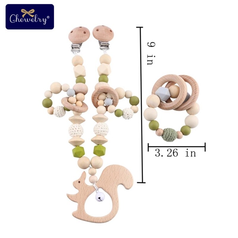 Wooden Teether Baby Play Gym Pacifier Clip Chain Silicone Beads Personalize Dummy Clip Baby Teether Stroller Toys Pram Clip Bell - Provence Home Living Store