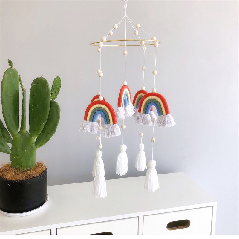 Cute Room Decoration Nordic Style Rainbow Wall Hanging Hand-Woven Rainbow Clouds Tassel Kids Rattle Mobile Crib Toy Home Decor - Provence Home Living Store