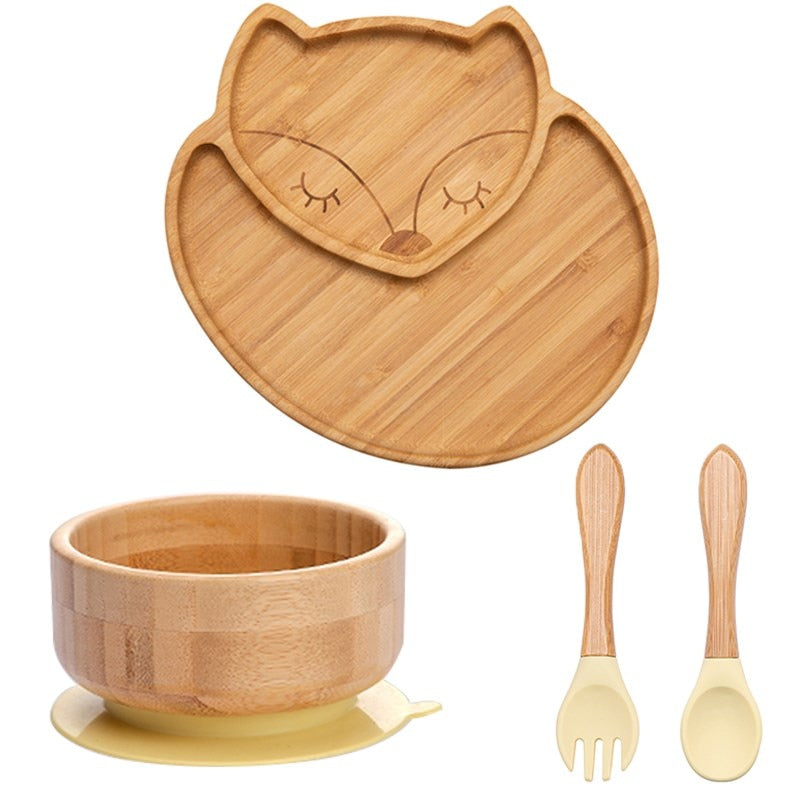 4pcs Children&#39;s Tableware Suction Plate Bowl Baby Dishes Baby Feeding Dishes Spoon Fork Sets Bamboo Plate for Kids Tableware - Provence Home Living Store