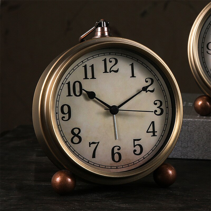 Wind Retro Small Table Clock Alarm Clock Metal Plated Bronze Classic Student Bedside Desk Decoration - Provence Home Living Store