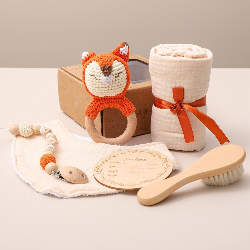 1set Baby Towel Birth Gift Set Double Sided Cotton Blanket Crochet Rattle Wooden Brush Milesto Brush Rattle Bracelet Birth Gifts - Provence Home Living Store