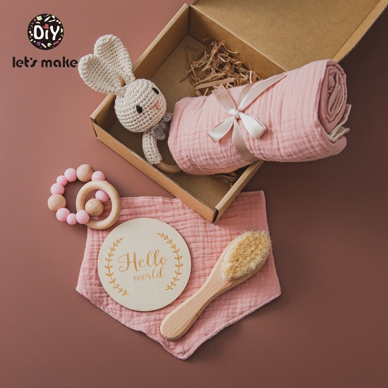 1set Baby Towel Birth Gift Set Double Sided Cotton Blanket Crochet Rattle Wooden Brush Milesto Brush Rattle Bracelet Birth Gifts - Provence Home Living Store