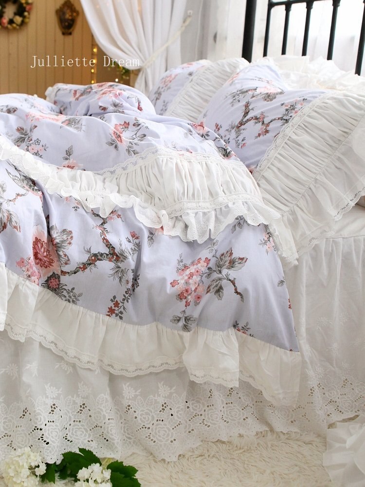 New French Countryside Garden Flowers and Birds bedding set Cotton ruffle lace duvet cover bed sheet set Bedding Sets for queen - Provence Home Living Store