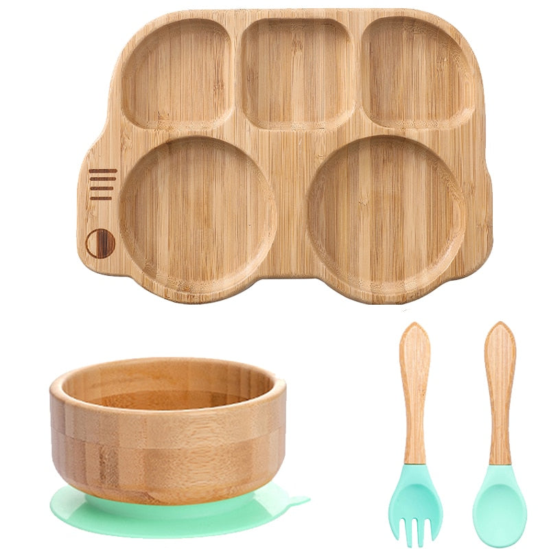 4pcs Children&#39;s Tableware Suction Plate Bowl Baby Dishes Baby Feeding Dishes Spoon Fork Sets Bamboo Plate for Kids Tableware - Provence Home Living Store