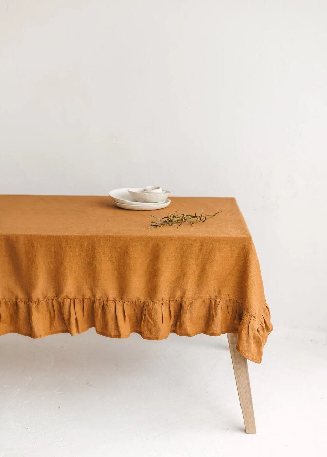 100% Pure Linen Ruffles Table Cover,Natural Fabric Flounce Tablecloth,for Kitchen Dining Party Holiday Fishtail Tabletop Decor - Provence Home Living Store