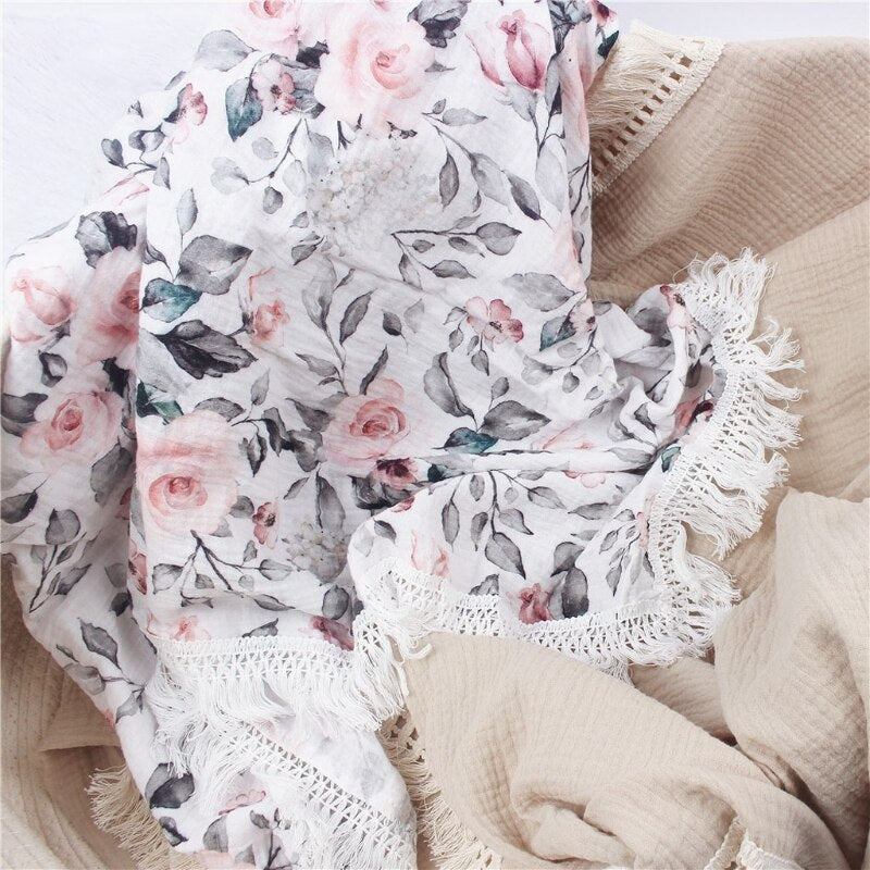 Pure Cotton Floral Printed Baby Blanket Double Layers Muslin Newborn Boys Girls Swaddle Wrap Bedding Quilt - Provence Home Living Store