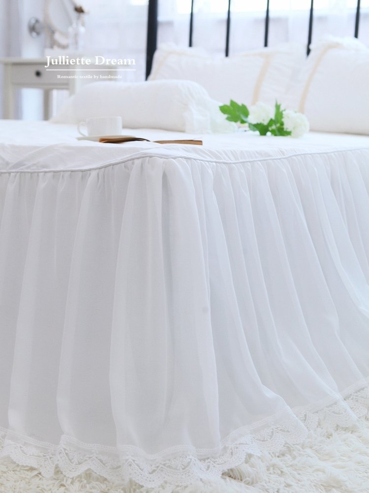 Super Romantic bed sheets double layers bed skirt White cotton bedspread with chiffon lace design mattress cover home bed linen - Provence Home Living Store