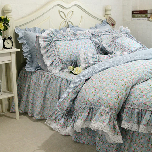 Fashion floral print bedding set Luxury lace ruffle duvet cover Embroidery bed set pastoral bedding bedspread queen bedding set - Provence Home Living Store