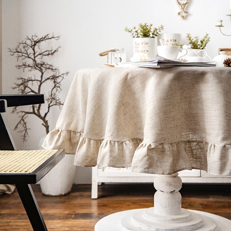 French Romantic Simple Ruffle Tablecloth Cotton Linen Table Cover American Round Tea Table Literary Retro Party Decoration - Provence Home Living Store