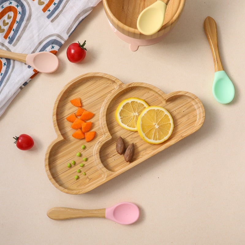 4pcs Children&#39;s Tableware Suction Plate Bowl Baby Dishes Baby Feeding Dishes Spoon Fork Sets Bamboo Plate for Kids Tableware - Provence Home Living Store