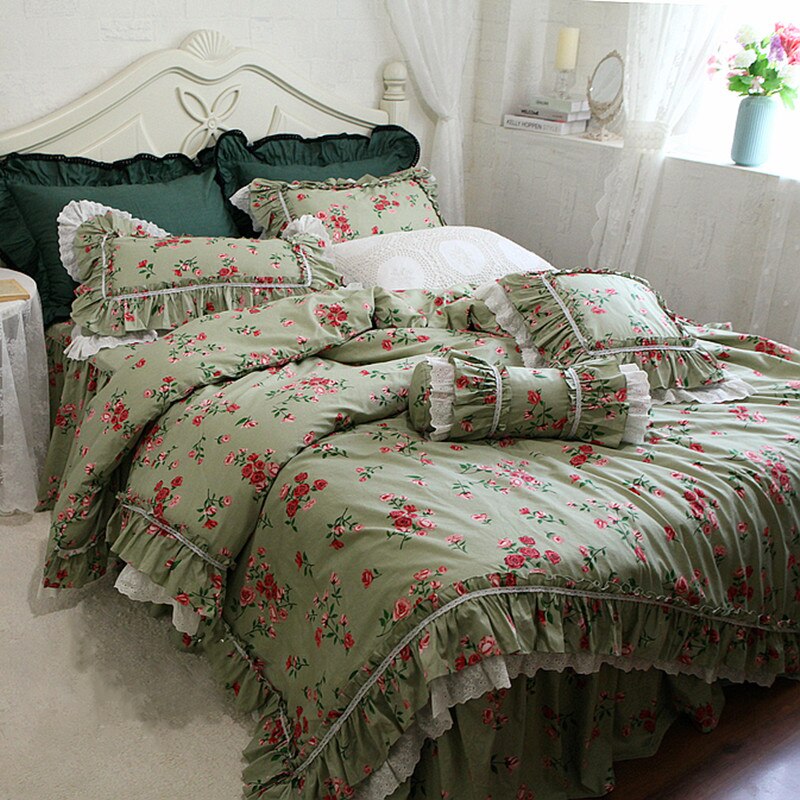 Luxury Vintage Rose printed bedding set Romantic lace ruffle duvet cover set bed cover set home bedroom set queen bedding set - Provence Home Living Store