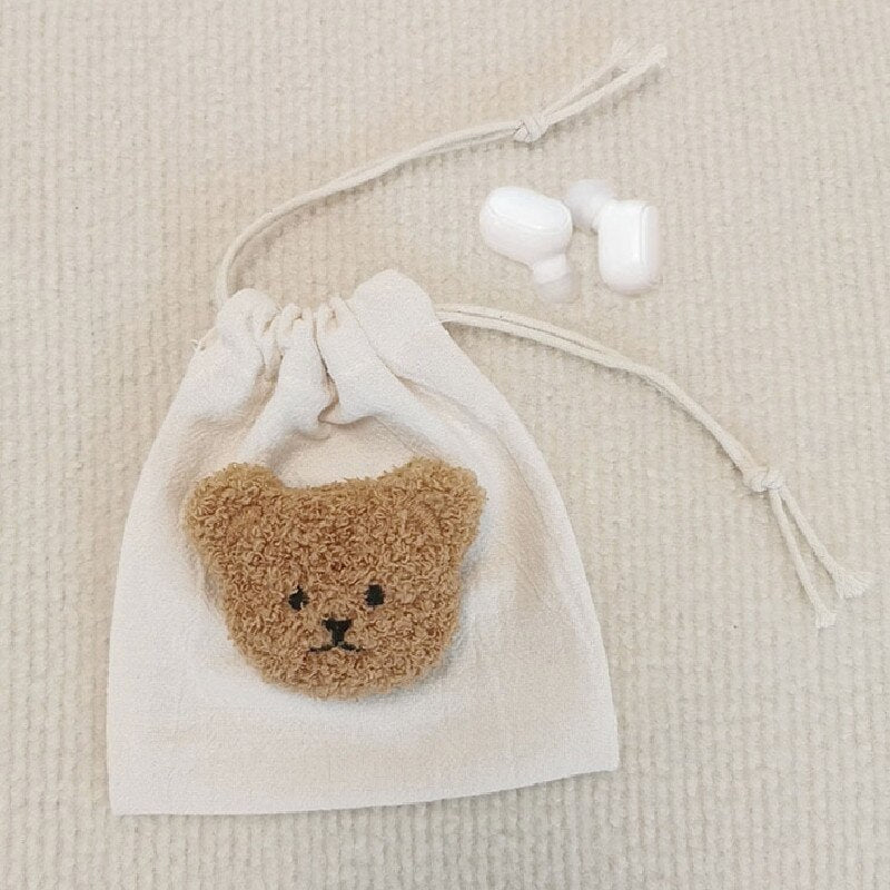 INS Bear Mini Muslin Drawstring Storage Bag Kids Coin Purse Pocket Wireless Earphone Organizer Pouch Travel Make Up Cosmetic Bag - Provence Home Living Store