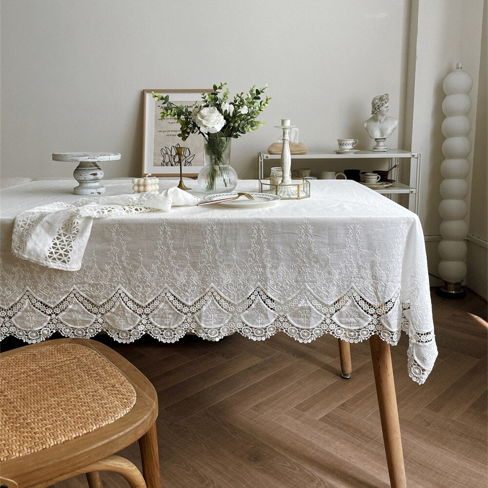 Luxurious Table Cover French White Lace Flower Embroidery Cotton 100% Tablecloth for Wedding Party Decoration Table Cloth - Provence Home Living Store