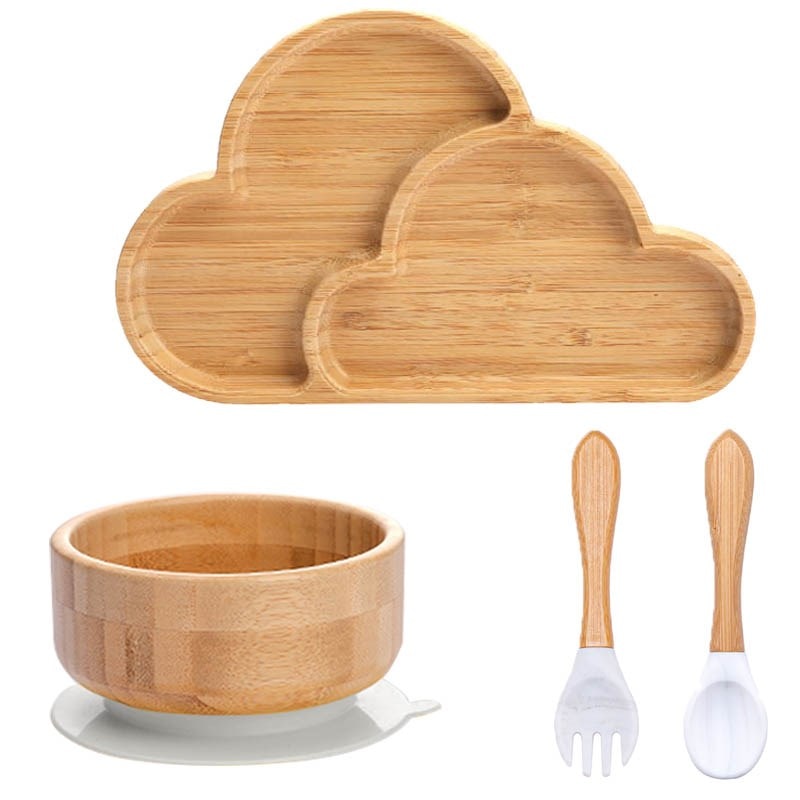 4pcs Children&#39;s Tableware Suction Plate Bowl Baby Dishes Baby Feeding Dishes Spoon Fork Sets Bamboo Plate for Kids Tableware - Provence Home Living Store