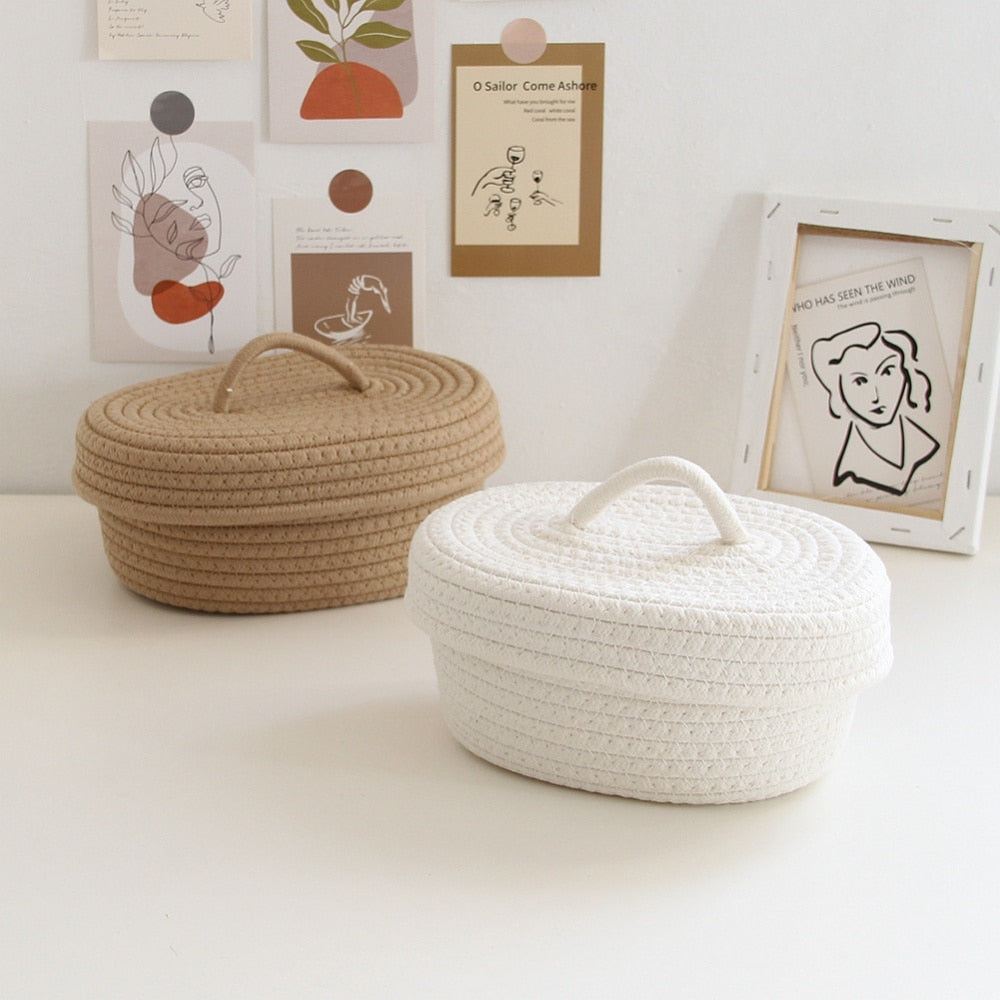 Nordic Cotton Rope Woven Storage Baskets Organize Boxs Desktop Sundries Organizer Sundries Key Cosmetics Storage Basket With Lid - Provence Home Living Store