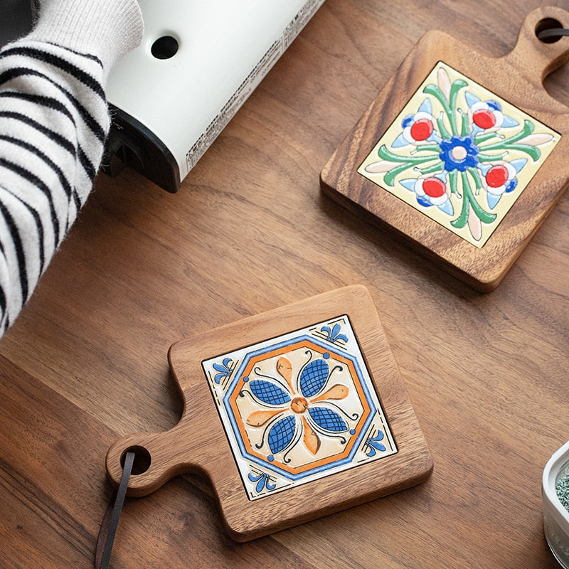 Acacia Wood Tiles Pot Mat Anti-Scalding Plate Mat Drink Coasters Wooden Trivet Frame for Hot Tea Pots and Pans Pad Holders - Provence Home Living Store