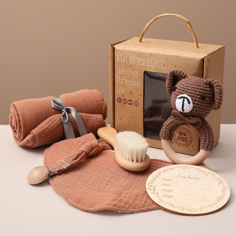 1set Baby Towel Birth Gift Set Double Sided Cotton Blanket Crochet Rattle Wooden Brush Milesto Brush Rattle Bracelet Birth Gifts - Provence Home Living Store