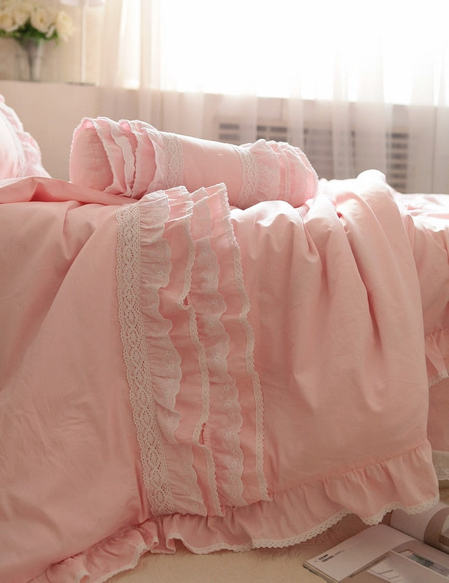 European bedding set luxury Pink heavy handmade Ruffle lace king size bedding set Home bed duvet cover set pillowcases linen - Provence Home Living Store