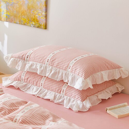 2pcs Princess ruffle pilowcase pink plaid pillow cases princess home decoration bedding accessories pillow sham pillow cover - Provence Home Living Store